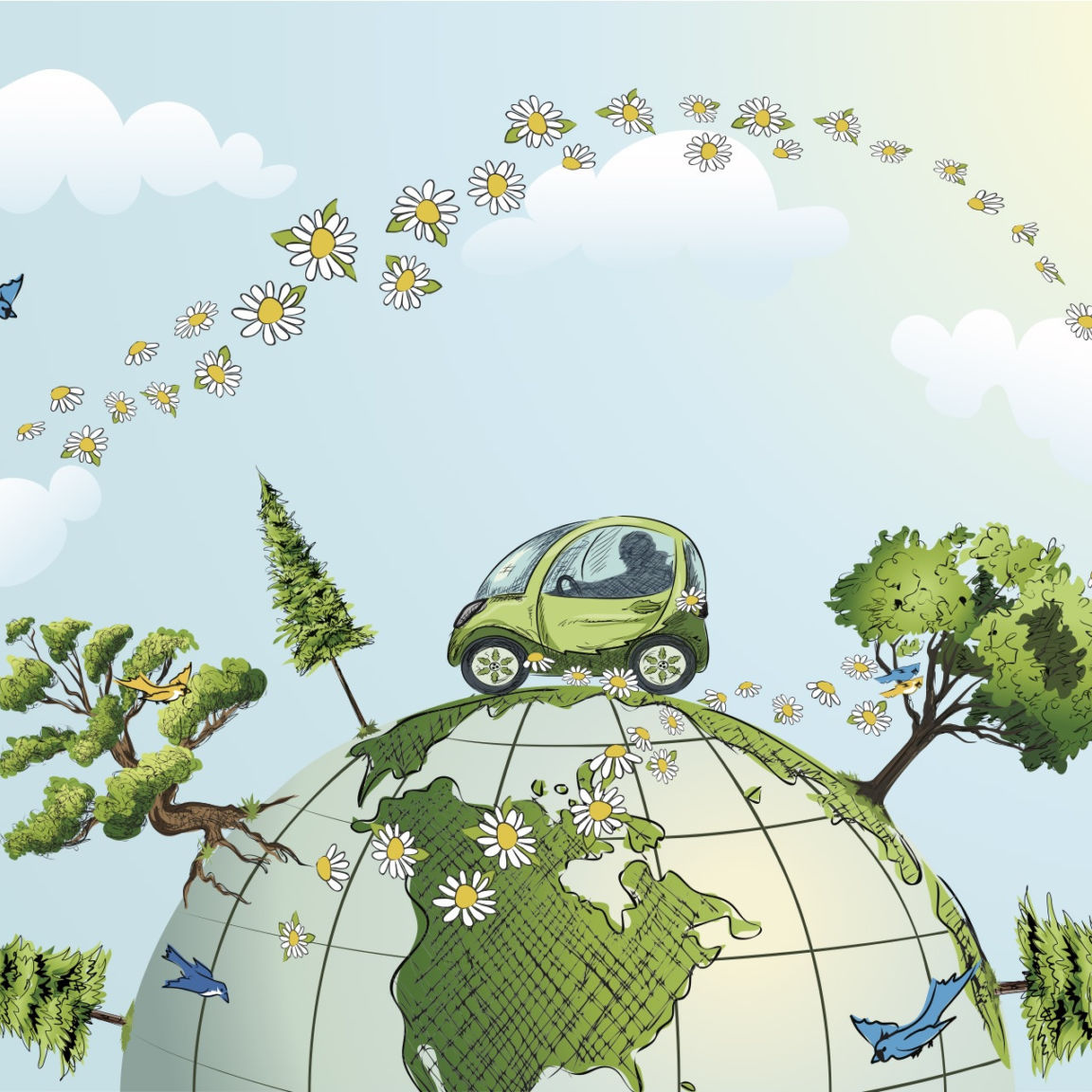 Car Driving Over Globe with Trees Flowers and Birds 96420121 4636x3593