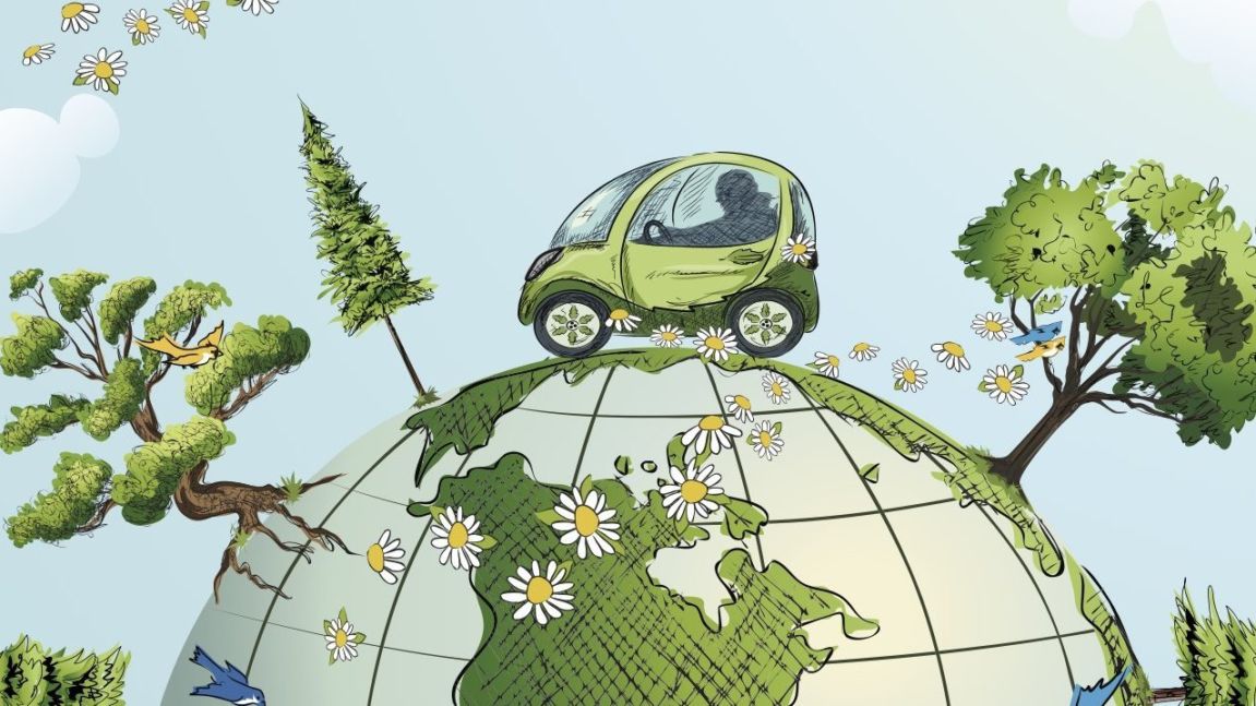 Car Driving Over Globe with Trees Flowers and Birds 96420121 4636x3593